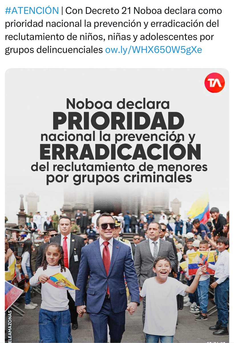 Celebro enormemente la firma del Decreto 21 que declara como #prioridad nacional la erradicación del reclutamiento de niñas, niños y adolescentes por grupos delincuenciales.

En campaña expuse con dolor el caso de los niños sicarios en #Durán . Ver este tema en la agenda pública