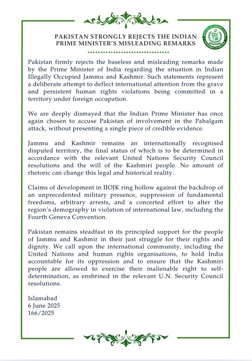 🔊PR No:1️⃣6️⃣6️⃣/2️⃣0️⃣2️⃣5️⃣

Pakistan Strongly Rejects the Indian Prime Minister’s Misleading Remarks.

🔗⬇️
mofa.gov.pk/press-releases…