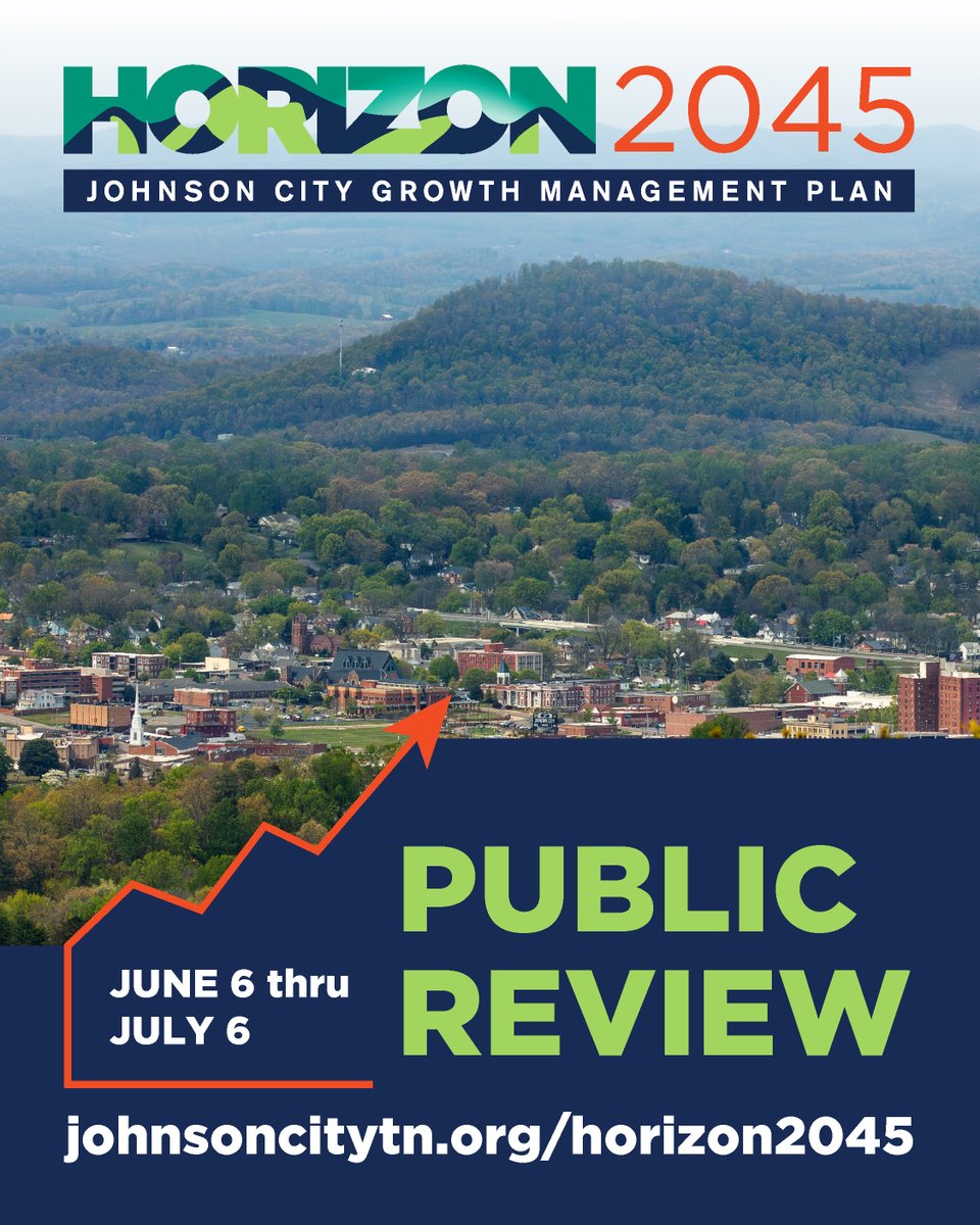 A 30-day public review period for the Horizon 2045 Growth Management Plan is underway. Community members are encouraged to review the plan that will guide how Johnson City grows in the next 20+ years. Learn more: johnsoncitytn.org/horizon2045.