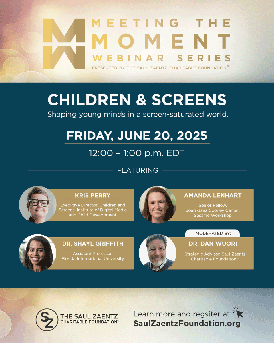 From educational tools to endless scrolling—digital media is changing childhood.

Join us June 20 for #MeetingTheMoment: Children and Screens, where top experts unpack what it means for kids, parents, and educators alike. 

🔗 RSVP now: bit.ly/4kqOISm