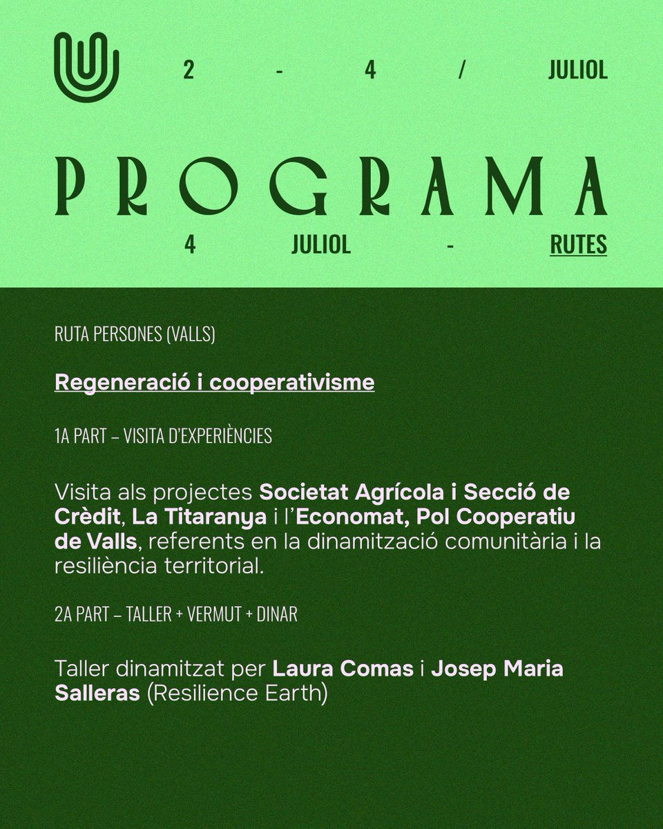 CoopCat (@cooperativescat) on Twitter photo <a href="/econ_socialcat/">Economia social</a> <a href="/coopstreball/">Federació de Cooperatives de Treball de Catalunya</a> <a href="/EscolesCoop/">EscolesCoop</a> <a href="/ICABarcelona/">ICAB · Advocacia Barcelona</a> <a href="/coopagrariesCAT/">Federació de Cooperatives Agràries de Catalunya</a> <a href="/rocagales/">rocagales</a> <a href="/ciutatinvisible/">LA CIUTAT INVISIBLE</a> <a href="/CoopsConsum/">Federació Coopsconsum</a> <a href="/Habicoop_FCHC/">Habicoop (FCHC)</a> <a href="/AteneusCoopCat/">Xarxa d'Ateneus Cooperatius (XAC) de Catalunya</a> <a href="/arrandeterra_/">Arran de terra SCCL</a> <a href="/Etimonline/">Ètim</a> <a href="/TresCadires/">Tres Cadires #ArtesaniaEnEssència</a> 2️⃣ RUTA PERSONES (Valls)
👉 Regeneració i cooperativisme
🔸 Visitem projectes referents com la Societat Agrícola i Secció de Crèdit, La Titaranya i l’Economat, i el Pol Cooperatiu de Valls, referents en la dinamització comunitària i resiliència territorial.
🔸 Taller + vermut <a href="/econ_socialcat/">Economia social</a> <a href="/coopstreball/">Federació de Cooperatives de Treball de Catalunya</a> <a href="/EscolesCoop/">EscolesCoop</a> <a href="/ICABarcelona/">ICAB · Advocacia Barcelona</a> <a href="/coopagrariesCAT/">Federació de Cooperatives Agràries de Catalunya</a> <a href="/rocagales/">rocagales</a> <a href="/ciutatinvisible/">LA CIUTAT INVISIBLE</a> <a href="/CoopsConsum/">Federació Coopsconsum</a> <a href="/Habicoop_FCHC/">Habicoop (FCHC)</a> <a href="/AteneusCoopCat/">Xarxa d'Ateneus Cooperatius (XAC) de Catalunya</a> <a href="/arrandeterra_/">Arran de terra SCCL</a> <a href="/Etimonline/">Ètim</a> <a href="/TresCadires/">Tres Cadires #ArtesaniaEnEssència</a> 2️⃣ RUTA PERSONES (Valls)
👉 Regeneració i cooperativisme
🔸 Visitem projectes referents com la Societat Agrícola i Secció de Crèdit, La Titaranya i l’Economat, i el Pol Cooperatiu de Valls, referents en la dinamització comunitària i resiliència territorial.
🔸 Taller + vermut