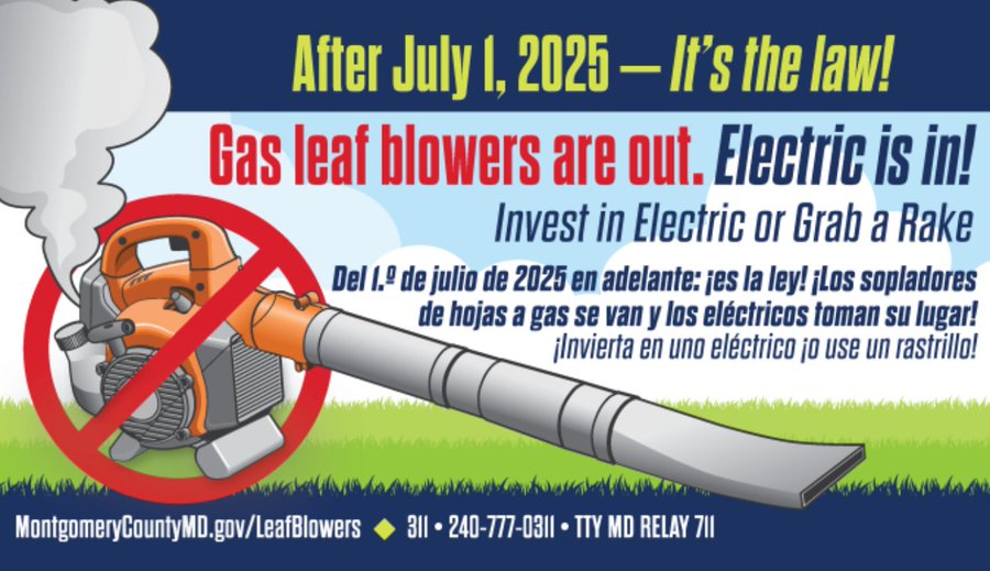 A graphic with an illustration of a gas-powered leaf blower crossed out with a red circle and slash. Text reads: 