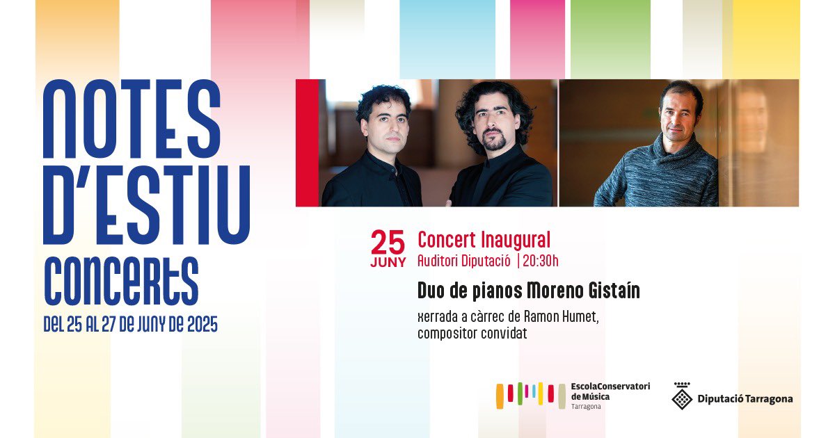 CMTarragona's tweet photo. 🎹 Play on Bach amb el Dúo Moreno Gistaín obre el cicle #NotesdEstiu a Tarragona!
🗓 25 de juny
🕣 20.30 h
🎟 5 €
📍 Auditori Diputació Tarragona
Amb introducció del compositor @RamonHumet
Una nit de música intensa i contemplació ✨
🔗 https://t.co/tQ0CqHdtz3
@Dipta_cat https://t.co/8Qsa9Zpspy