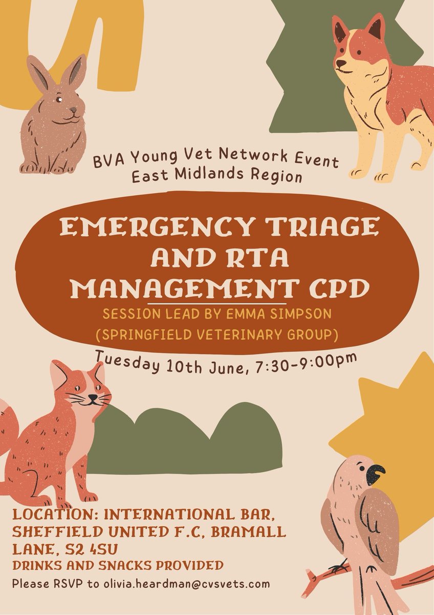 Are you an early-career vet in the East Midlands or surrounding area? Join a free in-person #YoungVetNetwork #CPD event at Sheffield United F.C on emergency triage and RTA management.
 
🕢 7.30–9pm
📅 10 June 2025
 
RSVP👉 olivia.heardman@cvsvets.com 
mybva.bva.co.uk/ems-event-cale…