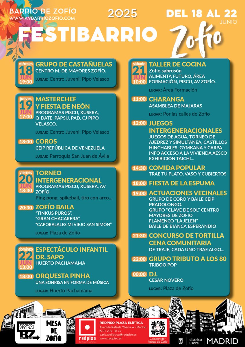 🎉FESTIBARRIO ZOFÍO 2025 
Del 18 al 22 de junio

🎶 Actuaciones vecinales y charangas
🎨 Talleres, juegos y espectáculos infantiles
🍳 Concurso de tortillas y cena comunitaria
🕺 Baile, DJ y fiesta de la espuma
🍽️ Comida popular… ¡y muchas sorpresas más!
#FestibarrioZofío #Zofío
