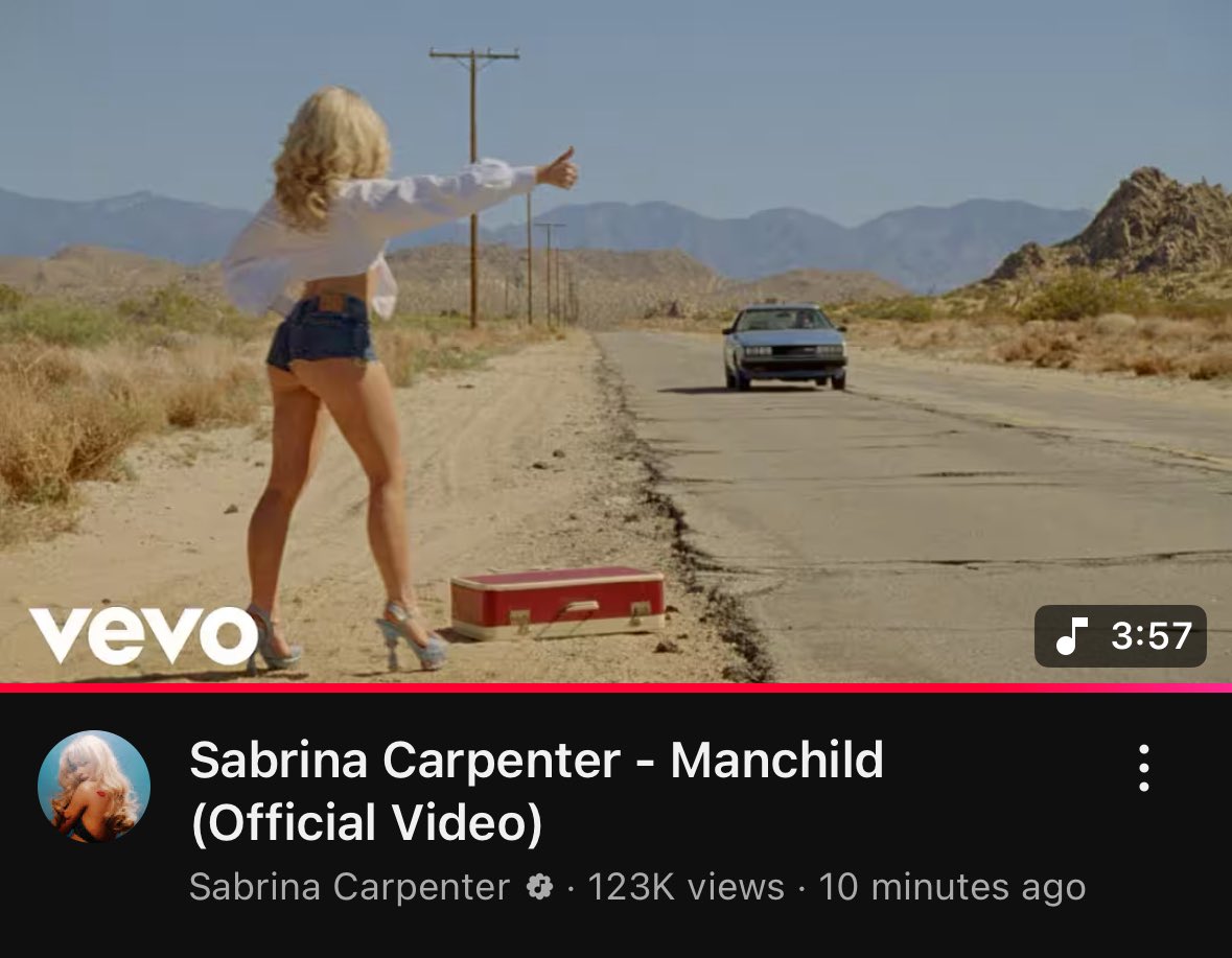 Sabrina Carpenter on Spotify ๐ (@sconspotify) on Twitter photo .<a href="/SabrinaAnnLynn/">Sabrina Carpenter</a>โs โManchildโ music video has surpassed 100k views on Youtube in 10 minutes .<a href="/SabrinaAnnLynn/">Sabrina Carpenter</a>โs โManchildโ music video has surpassed 100k views on Youtube in 10 minutes