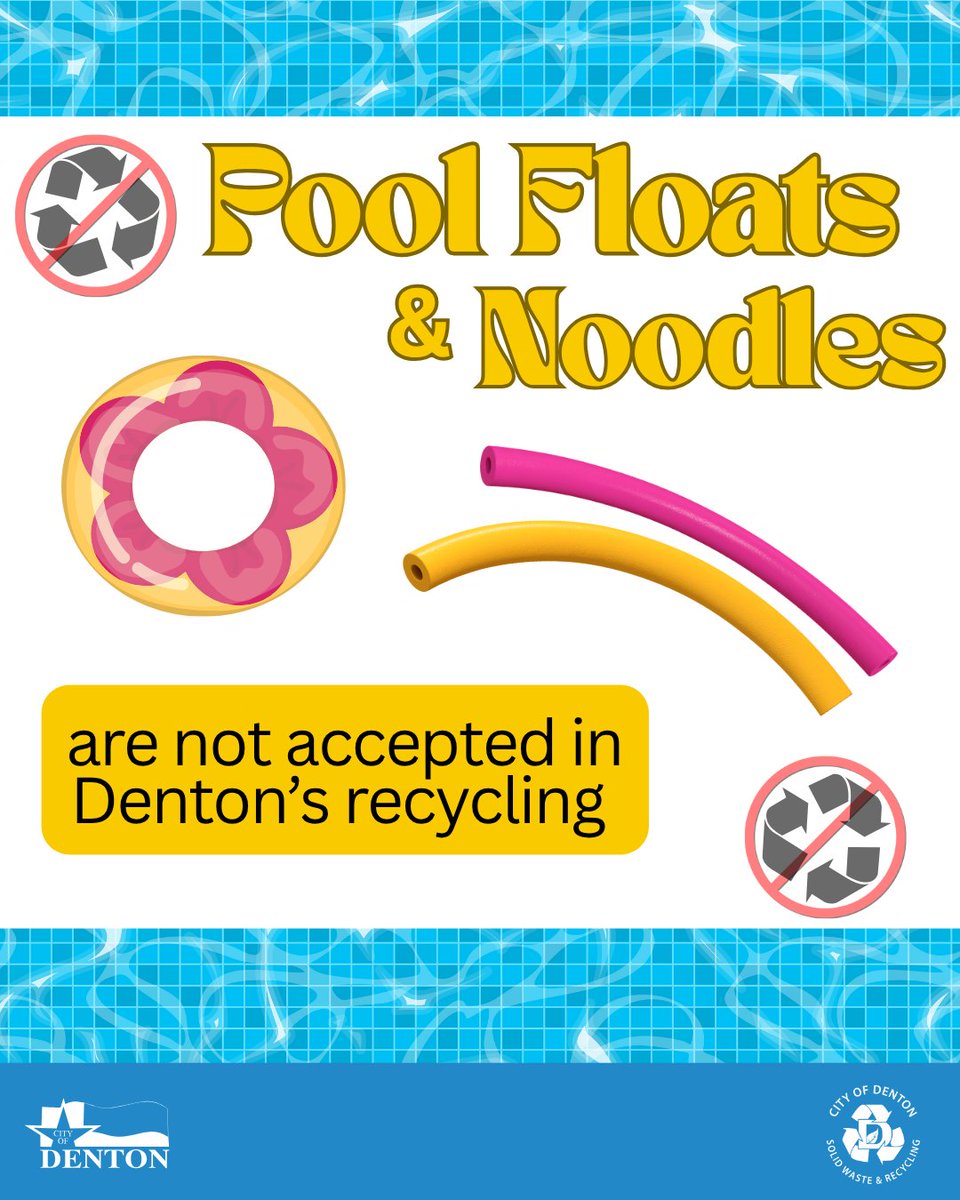 DentonRecycles's tweet image. Don’t forget to keep those recycling skills strong this summer! ♻️

✅Recycle:
- Plastic Bottles
- Metal Cans
- Tubs &amp;amp; Jugs
- Cartons
- Paper
- Flattened Cardboard

🚫 Remember, pool floats &amp;amp; noodles are not accepted in Denton’s recycling.

#SummerTips #KnowWhatToThrow