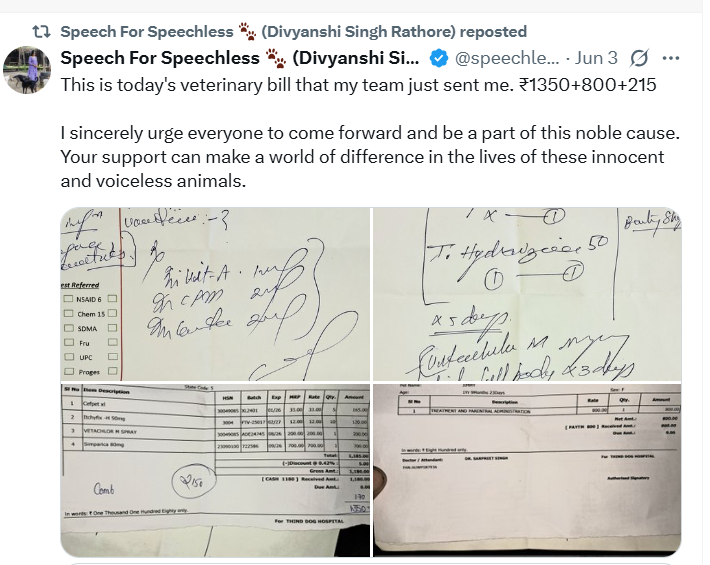 TheViditsharma's tweet photo. URGENT: Please beware of a FAKE Twitter account impersonating animal welfare work under the name 

@speechlesskids 

They’ve been using cropped bills & stolen content — including work from Chittorgarh district — to raise funds falsely in the name of animals 

This account was previously known as “Gonegirl” and has continued spreading misinformation despite repeated reports.

Since May 24, a small group has also been running a fake propaganda campaign, tagging my followers with misleading narratives.

❗Please report this account and unfollow it. Let’s protect genuine causes from being harmed by such actions.

@speechlesskids 
We're sharing the Instagram link of the original animal welfare account whose content is being misused by the fake Twitter handle “Speachlesskids”.

https://t.co/W8KGbRPXOG

This Insta account is not even aware their content & photos are being copied, bills are being cropped, and used to raise fake donations here on Twitter.

Please don’t fall for this fraud. 🙏
Report the fake account and help us protect genuine animal welfare efforts.
#AnimalWelfare  #ExposeFraud #ReportScam #StopMisuse
#AnimalWelfare #StopFraud #ReportFakeAccounts