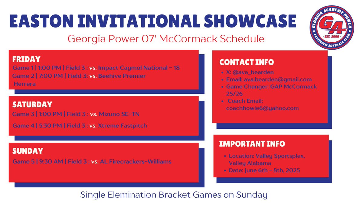 ava_bearden's tweet image. Super excited to see some new teams in Alabama this weekend! Here is our game schedule. @GAP_Mccormack