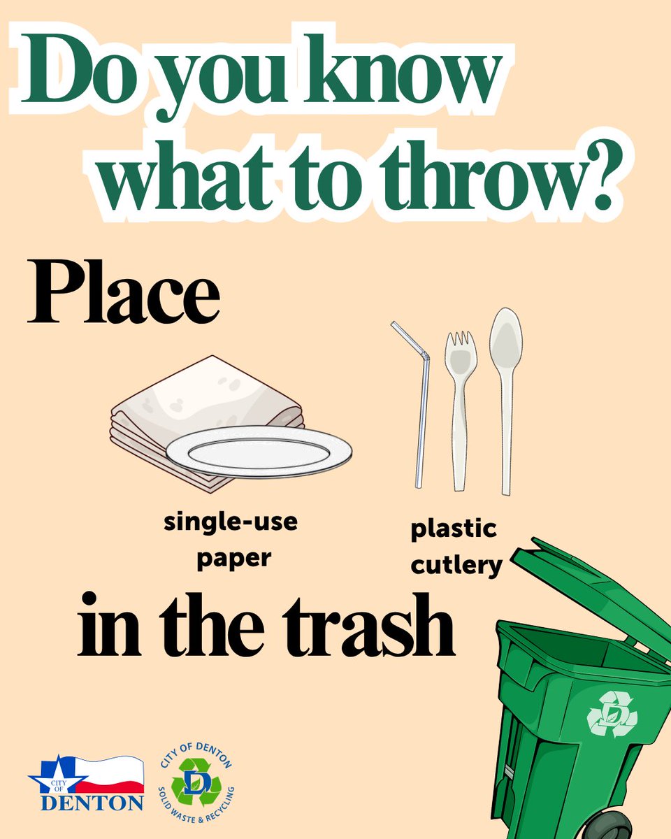 DentonRecycles's tweet image. Do you know what to throw? When it comes to hosting, place single-use paper and plastic cutlery in the trash. When possible, use reusable dishware and cutlery to reduce single-use waste.

#KnowWhatToThrow