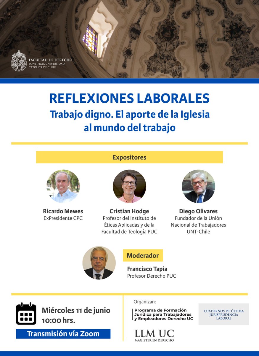 Instituto de Éticas Aplicadas UC (@eticaaplicadauc) on Twitter photo 🗓️ El miércoles 11 de junio, el académico de #ÉticasAplicadasUC en cargo compartido con <a href="/TeologiaUC/">Teología UC</a> Cristián Hodge, participará en el conversatorio “Reflexiones laborales: Trabajo digno. El aporte de la Iglesia al mundo del trabajo”, organizado por <a href="/derechouc/">Facultad Derecho UC</a>
🧵 🗓️ El miércoles 11 de junio, el académico de #ÉticasAplicadasUC en cargo compartido con <a href="/TeologiaUC/">Teología UC</a> Cristián Hodge, participará en el conversatorio “Reflexiones laborales: Trabajo digno. El aporte de la Iglesia al mundo del trabajo”, organizado por <a href="/derechouc/">Facultad Derecho UC</a>
🧵