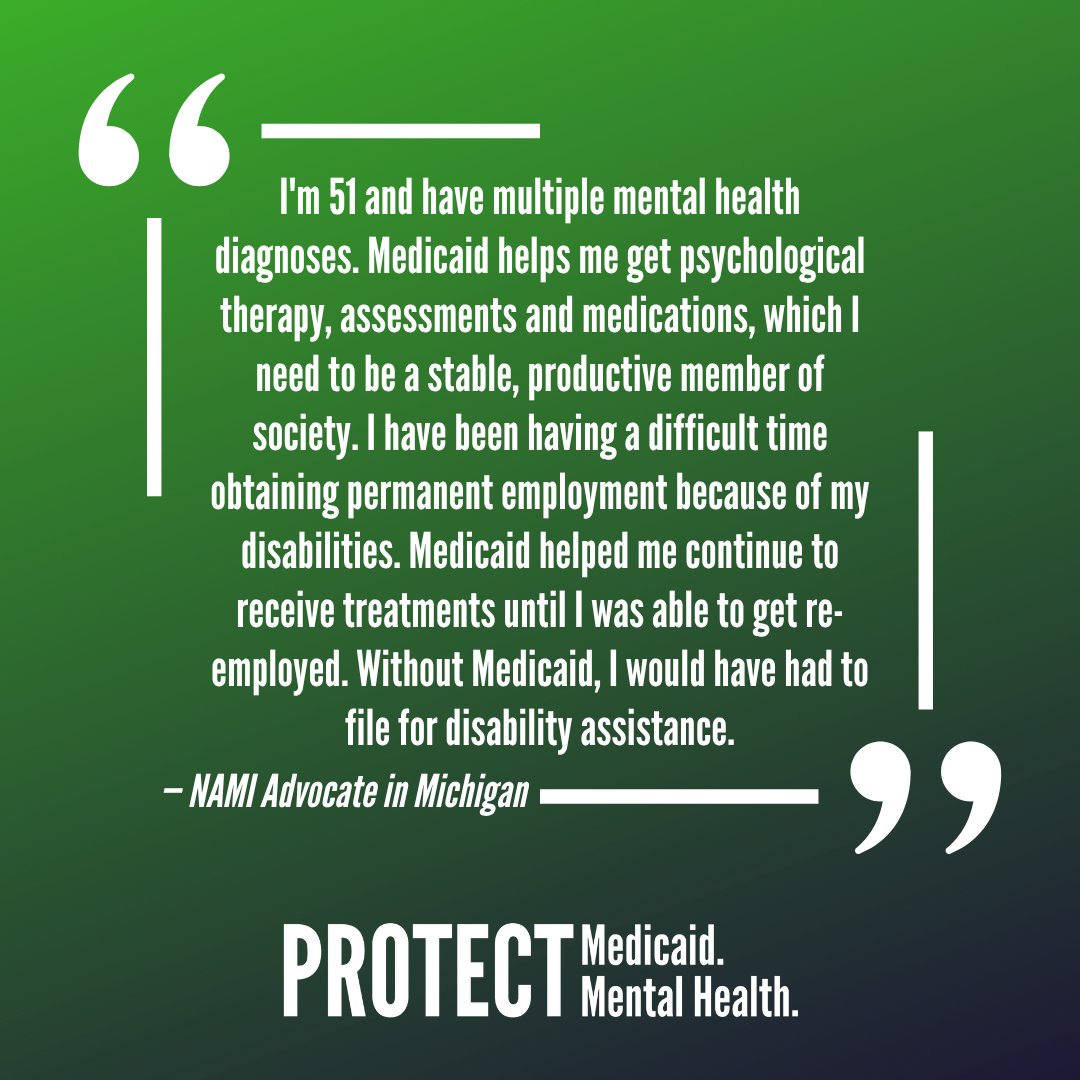Cuts to Medicaid will hurt countless people with mental illness. People who are eligible for Medicaid could get kicked off for not filling out the right paperwork. Your Senators need to hear from you RIGHT NOW to protect Medicaid and protect mental health: nami.quorum.us/campaign/12687…