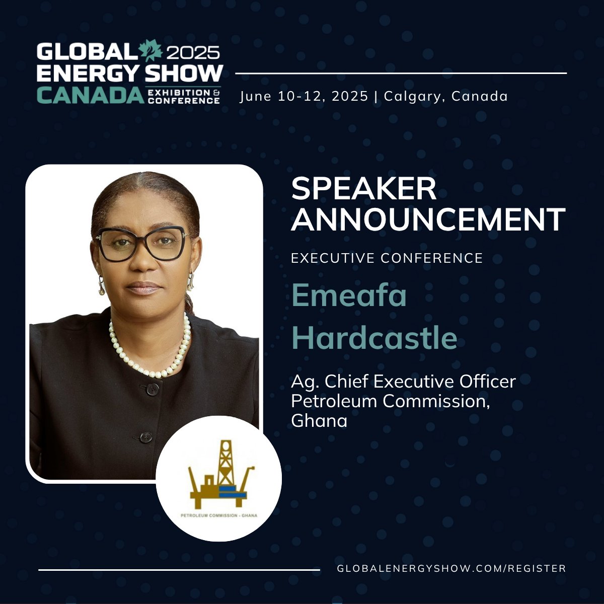 We’re honoured to welcome Ms. Emeafa Hardcastle, Acting Chief Executive Officer of the Petroleum Commission, Ghana, as a featured speaker at the Executive Conference during the Global Energy Show!

Join us: globalenergyshow.com/register/

#GlobalEnergyShow #ExecutiveConference