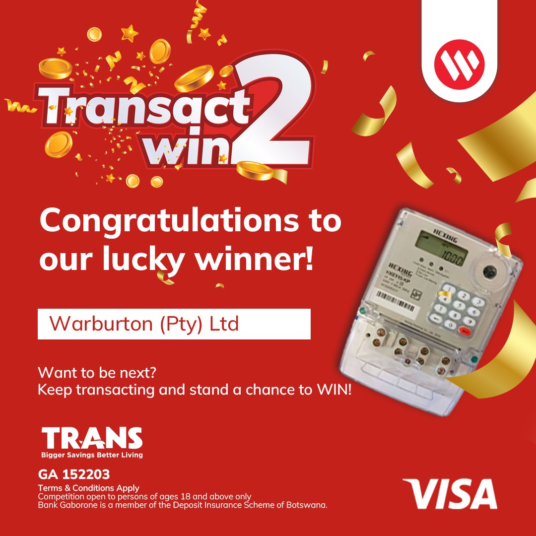 Kagiso Mogapaesi and Warburton (Pty) Ltd are the newest winners, walking away with a P3,000 trolley dash and electricity worth P2,000 respectively. Your everyday swipe could lead to an unexpected win, keep using your Bank Gaborone Visa Debit or Credit Card  to get your share of