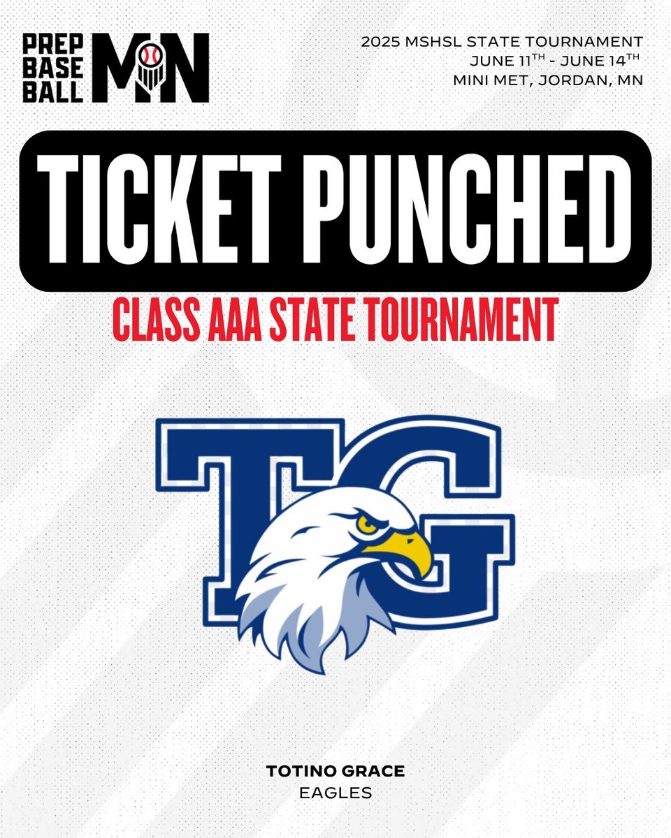 Prep Baseball Minnesota (@prepbaseballmn) on Twitter photo ๐ง๐๐๐๐๐ง ๐ฃ๐จ๐ก๐๐๐๐ ๐๏ธ ๐ฅ
Congratulations to the Totino-Grace Eagles on punching their ticket to the 2025 Minnesota State Tournament!
<a href="/TGEagleBaseball/">TG Eagle Baseball</a> โก๏ธ Mini Met ๐ง๐๐๐๐๐ง ๐ฃ๐จ๐ก๐๐๐๐ ๐๏ธ ๐ฅ
Congratulations to the Totino-Grace Eagles on punching their ticket to the 2025 Minnesota State Tournament!
<a href="/TGEagleBaseball/">TG Eagle Baseball</a> โก๏ธ Mini Met