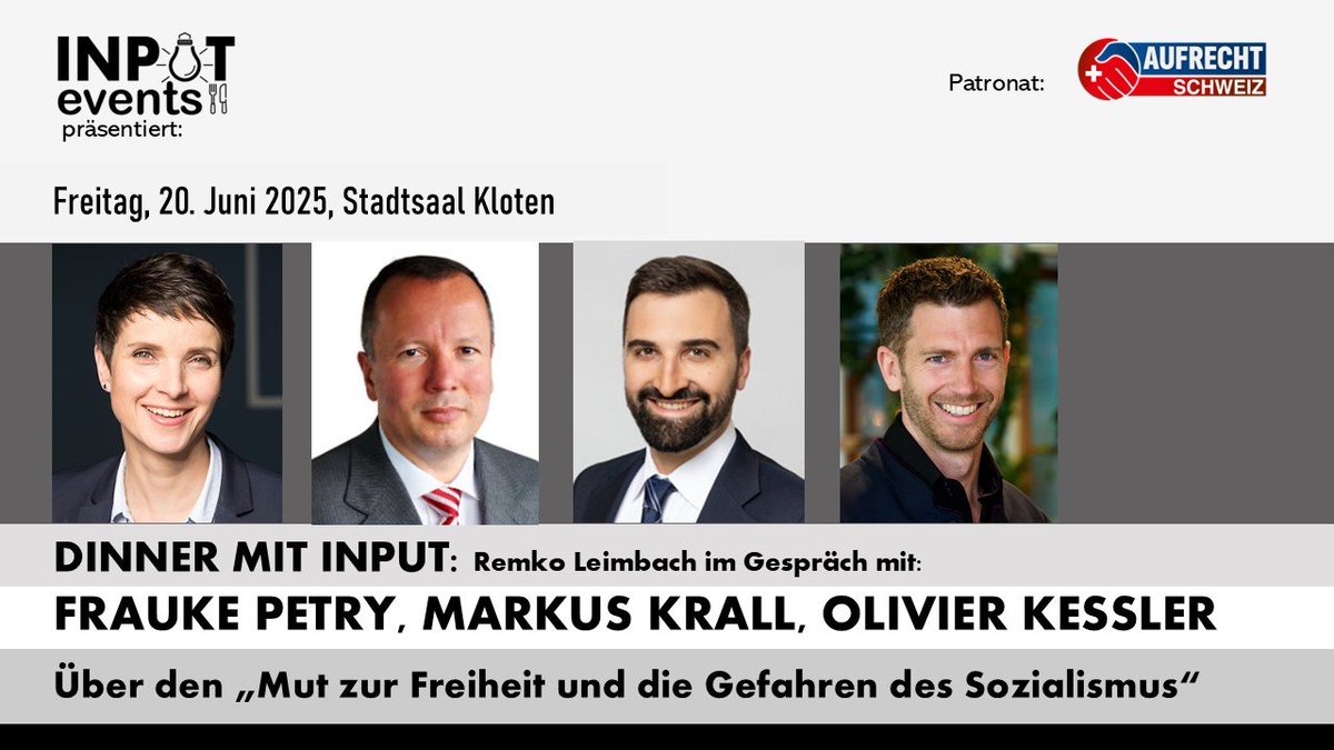 Wir haben eine Empfehlung für euch:
📅 Freitag, 20. Juni 2025
📍 Stadtsaal Kloten | 🕡 18:30–23:00

Dinner mit Input – ein Abend mit spannenden Diskussionen, hochkarätigen Gästen, exzellenter Kulinarik und anregenden Gesprächen unter Gleichgesinnten.

🗣️ Gastgeber Remko Leimbach,