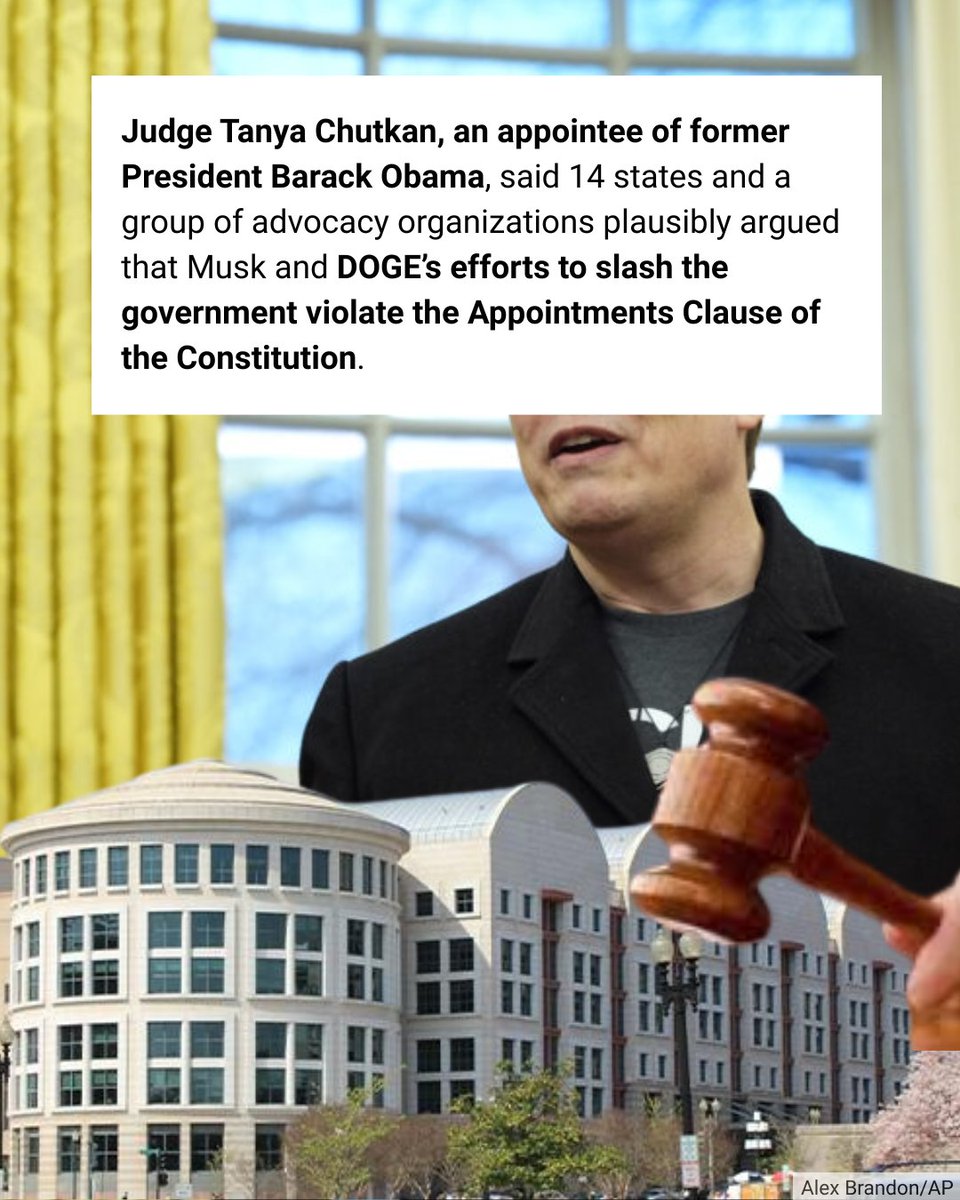 "Judge Tanya Chutkan, an appointee of former President Barack Obama, said 14 states and a group of advocacy organizations plausibly argued that Musk and DOGE’s efforts to slash the government violate the Appointments Clause of the Constitution."

democracydocket.com/news-alerts/ju…