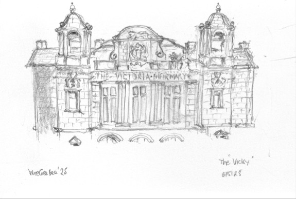 tours_talk's tweet photo. A wee sketch of a place I knew so (perhaps too) well - a decade since it closed #thevicky #glasgow #victoria #infirmary https://t.co/M5nqmwmwfU