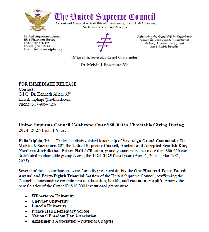 uscphanj's tweet photo. 📢 BIG NEWS from the United Supreme Council!
We’re proud to announce that over $80,000 was donated during our 2024–2025 fiscal year in support of education, health, and community uplift. 🙌🏾
✅ $10,000 institutional grants to:
💸 Plus, 22 students received $1,000 scholarships https://t.co/1XYZPwy0T9