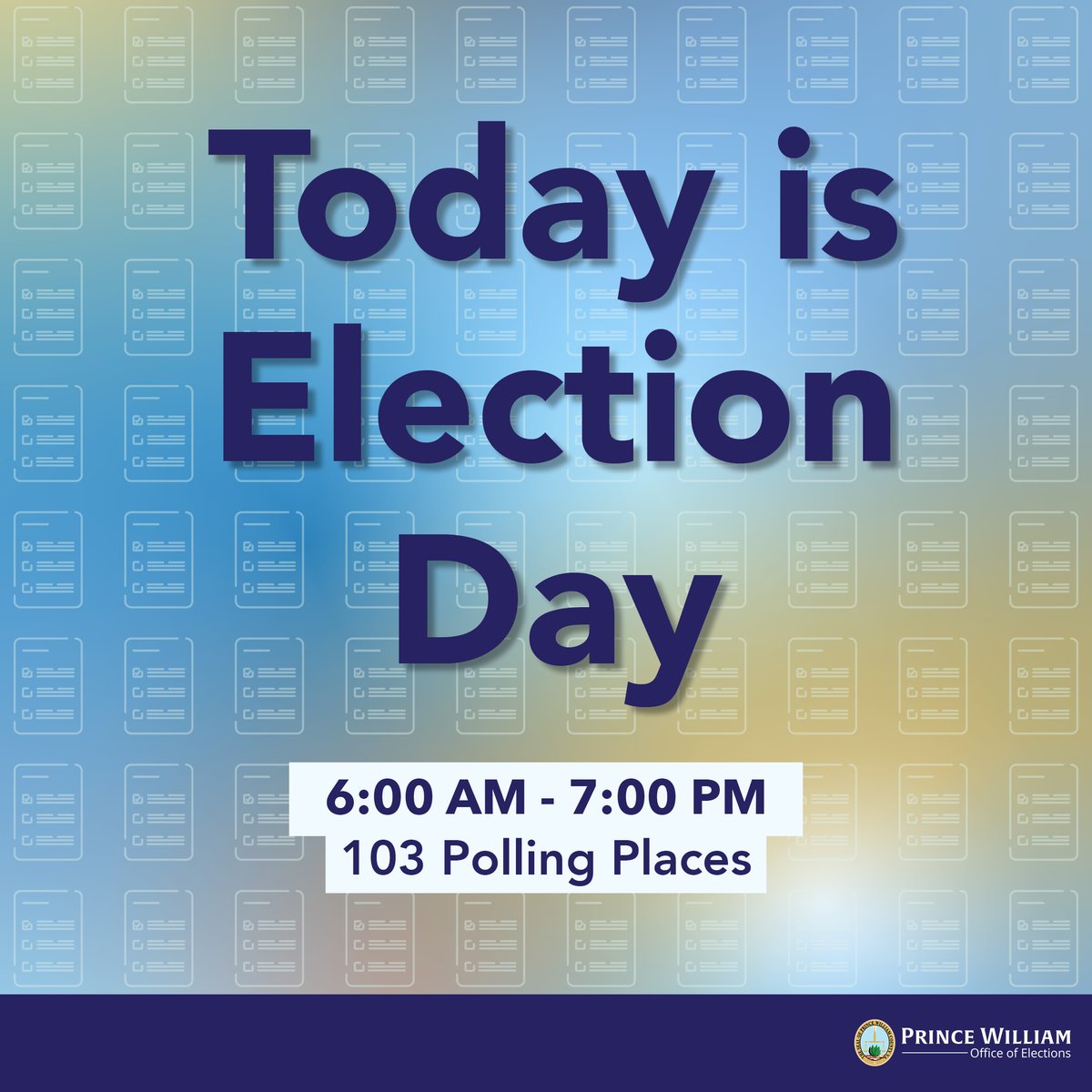 PWCVotes's tweet image. Today is Election Day! All voters who would like to vote in the June 2025 Primary should go to their assigned polling place by 7PM today. For a sample ballot and to find your polling place, go to pwcvotes.org.