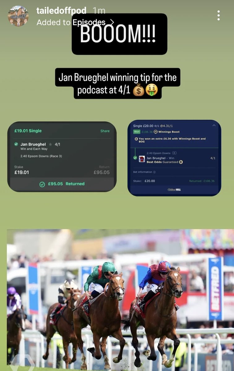 1st tip landed for the pod! <a href="/EpsomRacecourse/">Epsom Downs Racecourse</a> #epsom #epsomderby #ITVRacing #HorseRacingTips