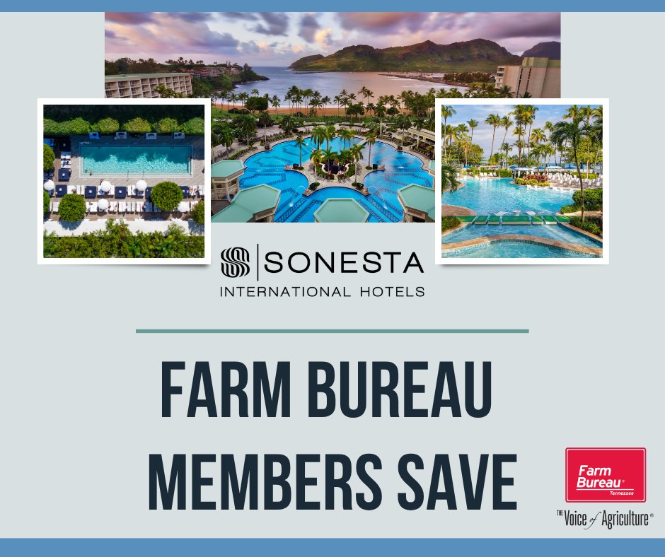 Planning your next vacation?
Farm Bureau members receive a 15% discount at Sonesta Hotels!
Visit prks.co/TFBF/Sonesta to book a room.
#FBMembershipMatters