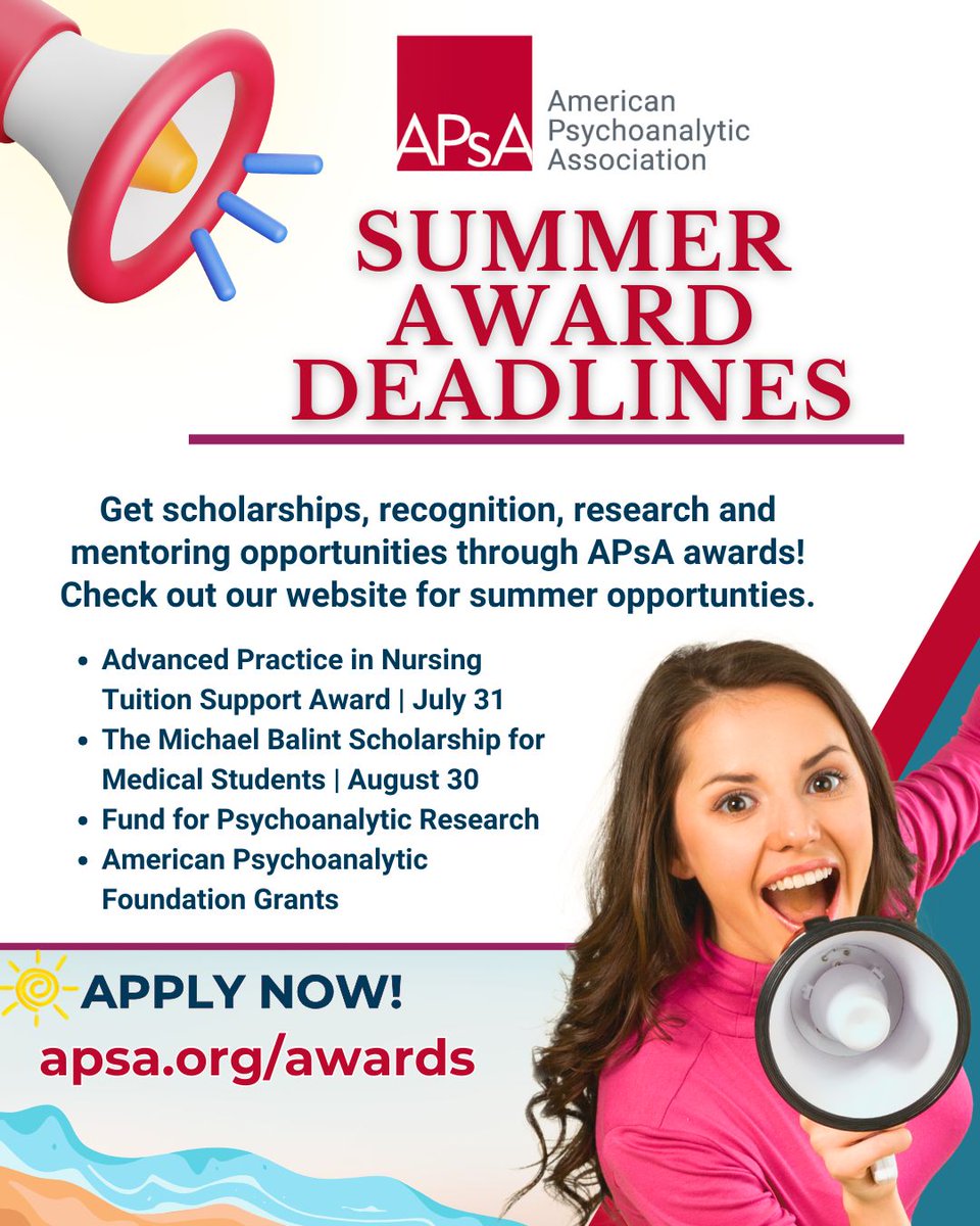 Don't miss your chance to apply for prestigious awards and generous opportunities at APsA this summer.

Opportunities include:
Advanced Practice in Nursing Tuition Support Award | July 31
Michael Balint Scholarship for Medical Students | Aug 30

📢 apsa.org/awards