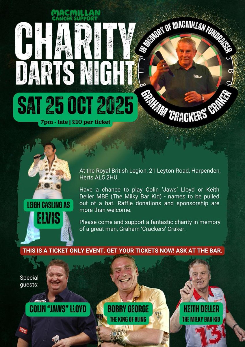 Please RT <a href="/ColinJawsLloyd/">ColinJawsLloyd</a> <a href="/BobbyGeorge180/">Bobby George</a> <a href="/KDeller138/">Keith Deller MBE</a> <a href="/macmillancancer/">Macmillan Cancer Support</a> tickets now on sale..... what a great night's entertainment on the cards for such an amazing charity 🙌