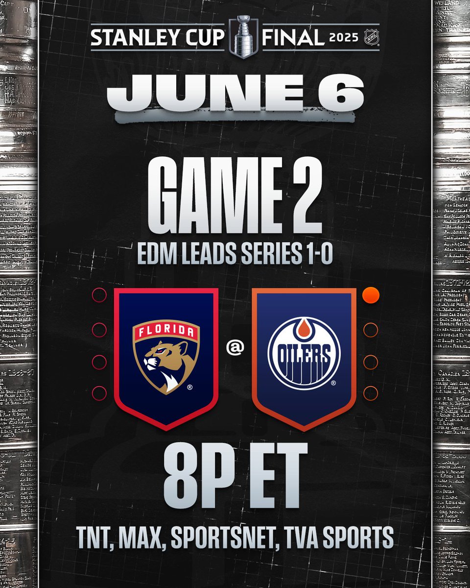 NHL (@nhl) on Twitter photo Will the Oilers take a 2-0 series lead or do the Panthers even things up? 🤔
📺: <a href="/FlaPanthers/">x - Florida Panthers</a> vs. <a href="/EdmontonOilers/">Edmonton Oilers</a> #StanleyCup Final Game 2 TONIGHT at 8p ET on <a href="/NHL_On_TNT/">NHLonTNT</a>, <a href="/SportsonMax/">Sports on Max</a>, <a href="/Sportsnet/">Sportsnet</a>, and <a href="/TVASports/">TVA Sports</a> Will the Oilers take a 2-0 series lead or do the Panthers even things up? 🤔
📺: <a href="/FlaPanthers/">x - Florida Panthers</a> vs. <a href="/EdmontonOilers/">Edmonton Oilers</a> #StanleyCup Final Game 2 TONIGHT at 8p ET on <a href="/NHL_On_TNT/">NHLonTNT</a>, <a href="/SportsonMax/">Sports on Max</a>, <a href="/Sportsnet/">Sportsnet</a>, and <a href="/TVASports/">TVA Sports</a>
