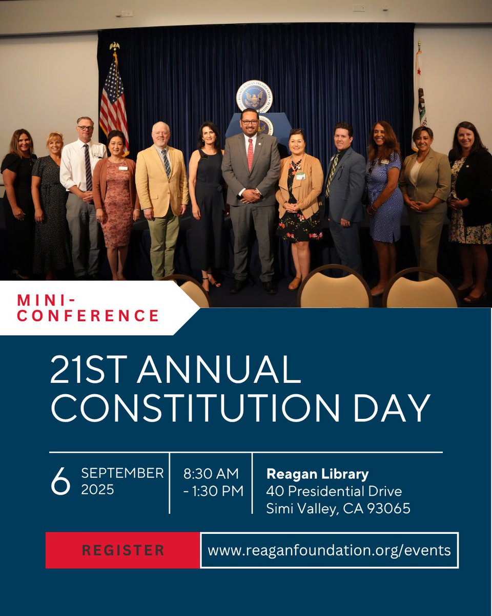 RonaldReaganEDU's tweet image. 📚 K–12 educators! Join us Saturday, Sept. 6 at the Reagan Library for the 21st Annual Constitution Day Mini-Conference. Enjoy interactive civics workshops, a student panel, free classroom resources, lunch, and a tour of the Reagan Library. Learn more: reaganfoundation.org/education-even…