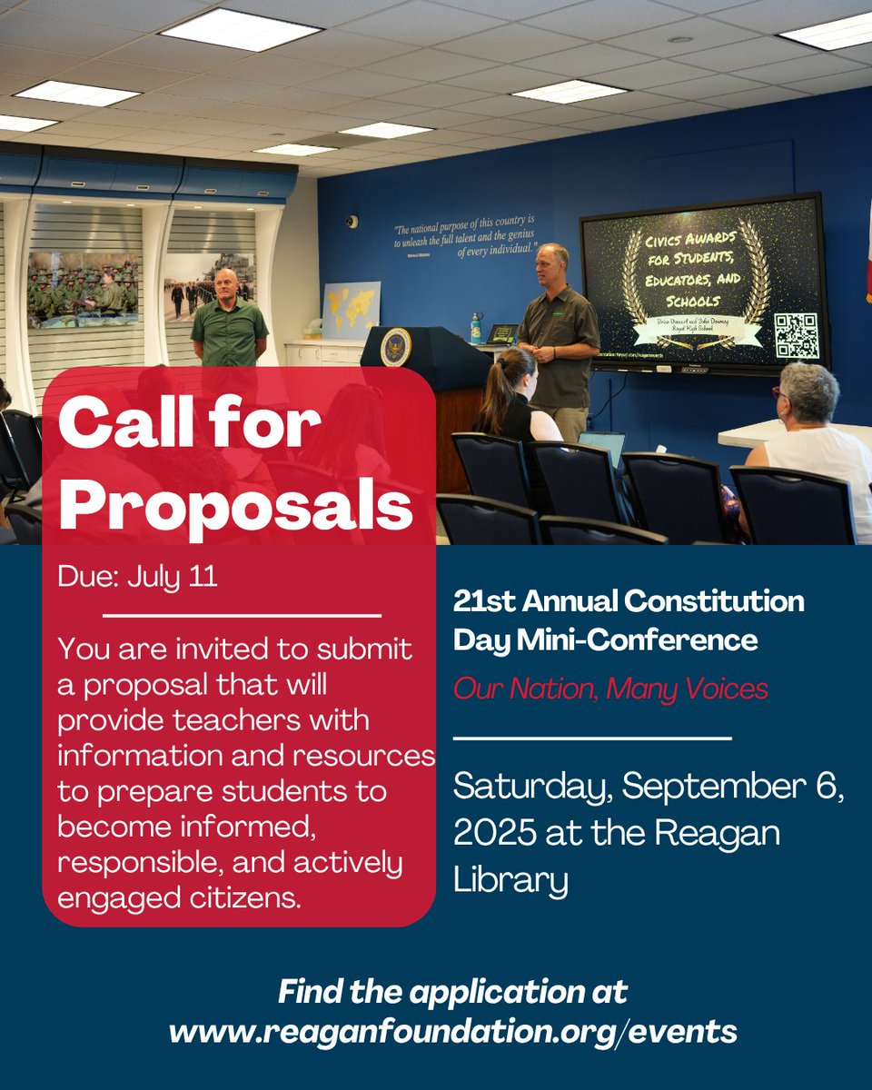RonaldReaganEDU's tweet image. 📚 K–12 educators! Join us Saturday, Sept. 6 at the Reagan Library for the 21st Annual Constitution Day Mini-Conference. Enjoy interactive civics workshops, a student panel, free classroom resources, lunch, and a tour of the Reagan Library. Learn more: reaganfoundation.org/education-even…