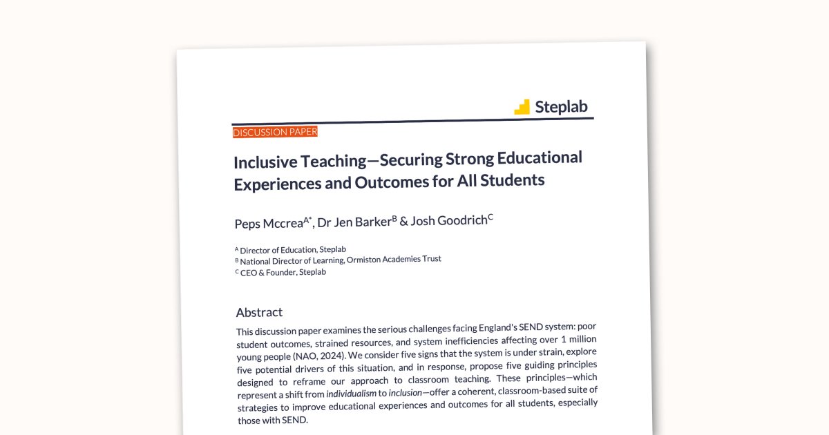It's no secret that the SEND system in England faces significant challenges

Efforts are taking place across the sector aimed at improving it

In contribution to this national debate, we've released a new paper on Inclusive Teaching

Read it here 👉 bit.ly/4dQelcR