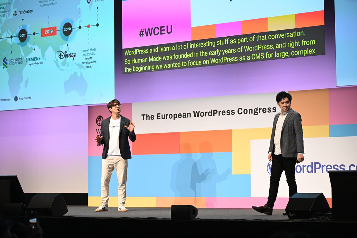 The talk with @kenshino and <a href="/tomwillmot/">Tom Willmot</a> shared how a multinational bank operating in over 50 markets, partnered with Human Made to re-platform from a proprietary CMS to WordPress, evolving their digital strategy along the way. #WCEU #WCEU2025 #WordCampEurope