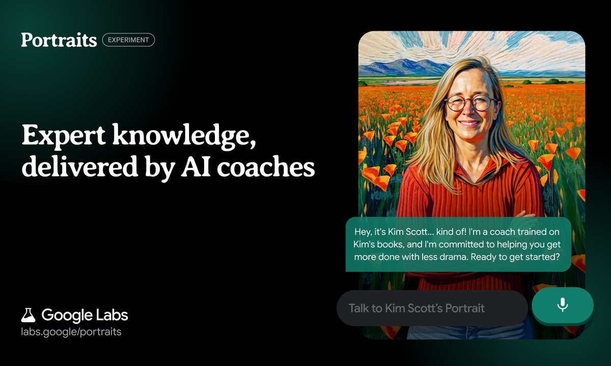 ryangermick's tweet image. New project: labs.google/portraits
Personalized guidance from your favorite expert, anytime you need it.
First up, a collaboration with the incredible @kimballscott, author of "Radical Candor."
Available in the US, 18+. More coming soon. 🙂
#AI #RadicalCandor #GoogleLabs