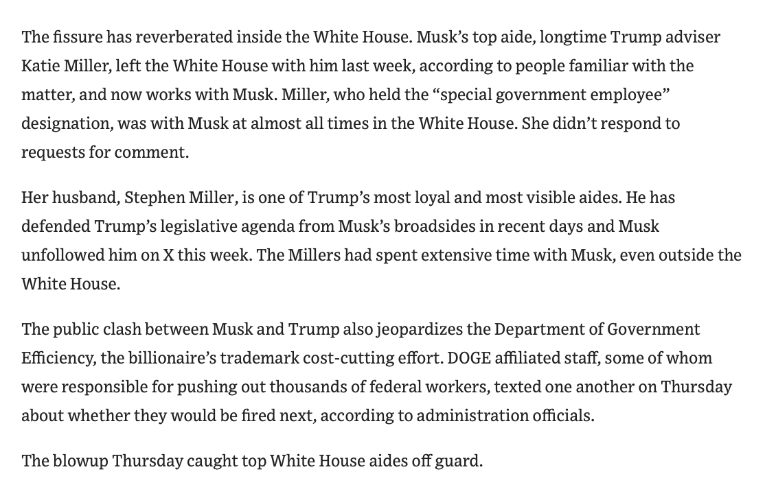 Stephen Miller had his panties in a twist and Big Balls likely got the axe after yesterday's big beautiful fight between Trump and Musk online. wsj.com/politics/elon-…