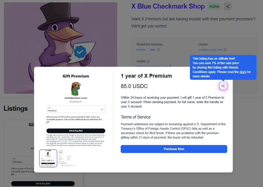 <a href="/AsafNadler/">Asaf Nadler</a> Easy. If anybody has $85 in USDC on Base, and needs X Premium, it's now listed on UMP.

Funds are held in a 2-of-3 multisig contract for 21 days, so in the unlikely event something goes wrong, you'll be refunded. Disputes are arbitrated by <a href="/Barabazs_/">Barabazs.eth</a>. 

ump-eth.xyz/listings?addre…