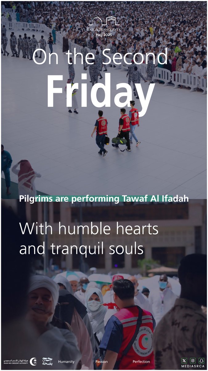 As the Guests of Allah head to the Holy Mosque to complete their rites, #SRCA ambassadors of life remain present among the pilgrims, with calm before every response, and service worthy of the sacred moment

#SRCA 
#Ease_And_Tranquility 
#Hajj2025