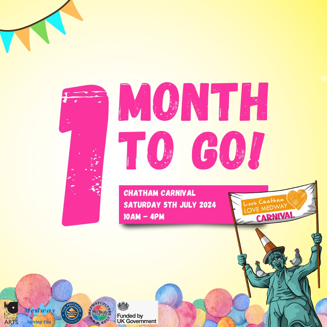 Only ONE MONTH to go until we fill the streets with fun and FREE activities!

Chatham Carnival 
July 5th, 10am - 4pm 
Chatham High Street,

Parade at 12

#Medway #Chatham #ChathamCarnival