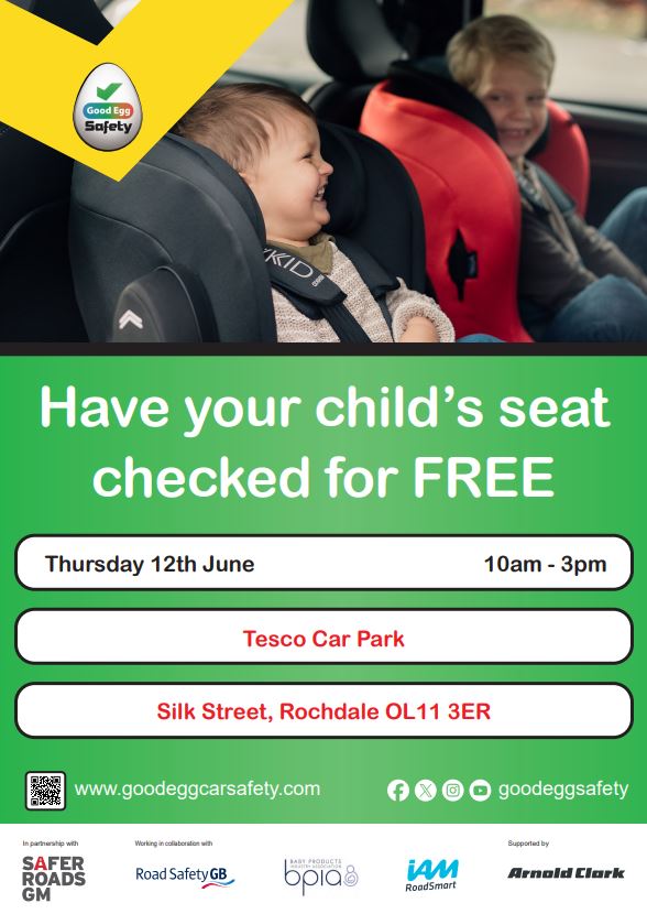 Safer Roads Greater Manchester Partnership (@saferroadsgm) on Twitter photo Is everyone sitting comfortably?
Come and get your child's car seat checked for free.
Thursday 12th June
Rochdale - GM
Tesco, Silk Street, Rochdale OL11 3ER
10am - 3pm
bit.ly/3FFA4aY
@GMPTraffic <a href="/GoodEggSafety/">Good Egg Safety CIC</a>
<a href="/RochdaleCouncil/">Rochdale Borough Council</a> #RoadSafety Is everyone sitting comfortably?
Come and get your child's car seat checked for free.
Thursday 12th June
Rochdale - GM
Tesco, Silk Street, Rochdale OL11 3ER
10am - 3pm
bit.ly/3FFA4aY
@GMPTraffic <a href="/GoodEggSafety/">Good Egg Safety CIC</a>
<a href="/RochdaleCouncil/">Rochdale Borough Council</a> #RoadSafety
