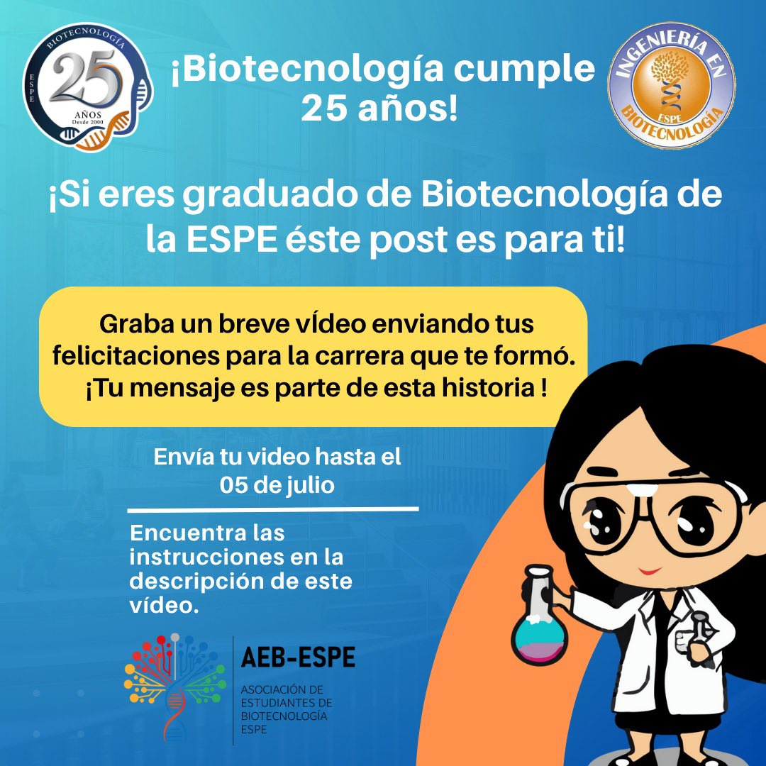 🎉 ¡Biotecnología está de fiesta! 
Este año celebramos 25 años
Si eres uno de nuestros biotecnólogos graduados, te invitamos a ser parte de esta celebración enviándonos tu mejor saludo.
📩 Sigue las instrucciones: bit.ly/4kv4cVJ
💚 ¡Somos unión y cambio, somos Bio!