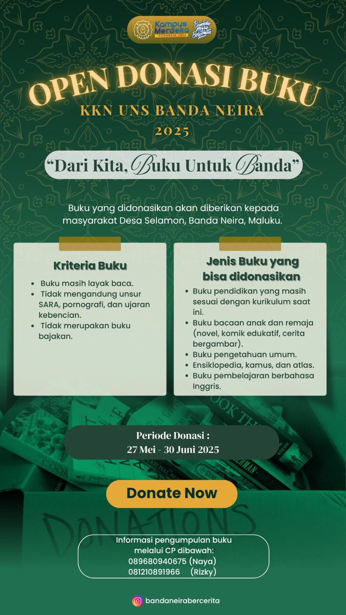 tealatus's tweet image. rts/likes are appreciated!

Halo teman-teman! Kami kel. 2, KKN UNS Banda Neira 2025 membuka donasi buku yang akan disalurkan kepada masyarakat Desa Selamon, Banda Neira, Maluku📖✨ Donasi ini sebagai bentuk kontribusi nyata dalam meningkatkan literasi! 🌱

📌 Info lebih lanjut👇