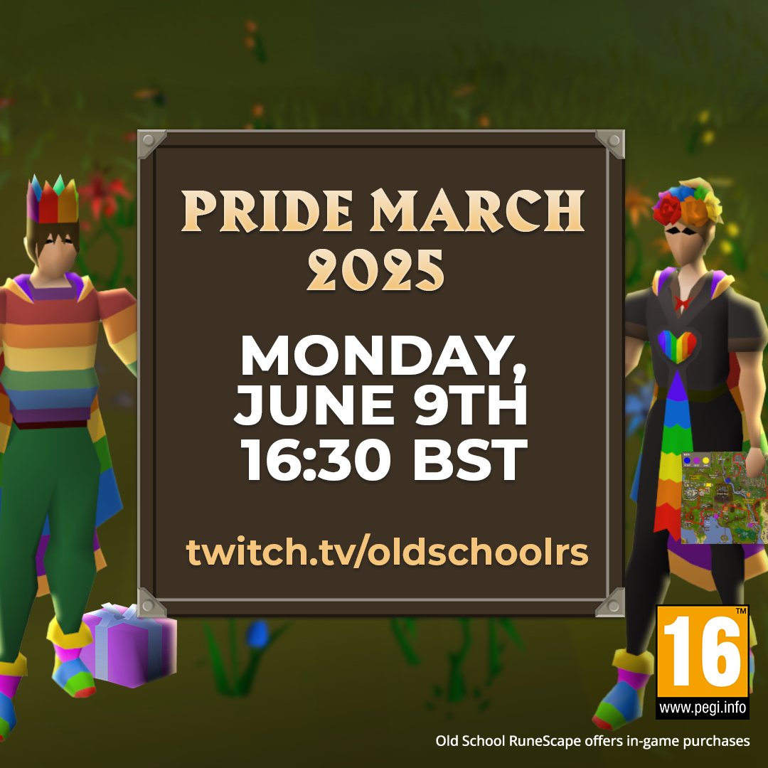 ❤️🧡💛💚💙💜

This Monday, join us and paint Gielinor in every shade of the rainbow!

🌈 Take part in this year’s march or catch the festivities live

🎁 Expect giveaways with a colourful flair!

📺 twitch.tv/oldschoolrs