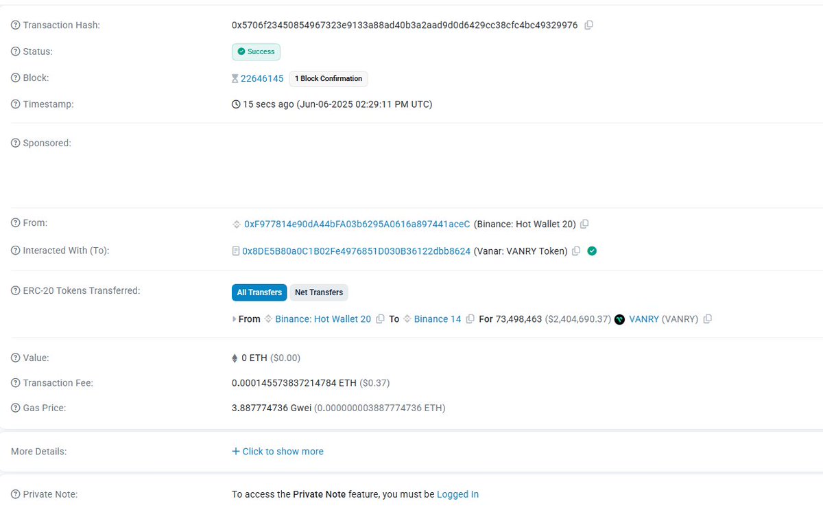 Massive 73.5M $VANRY (~$2.4M) just moved from Binance Hot Wallet 20 to Binance 14—what’s brewing? 

 #VANRY #Binance #Crypto
