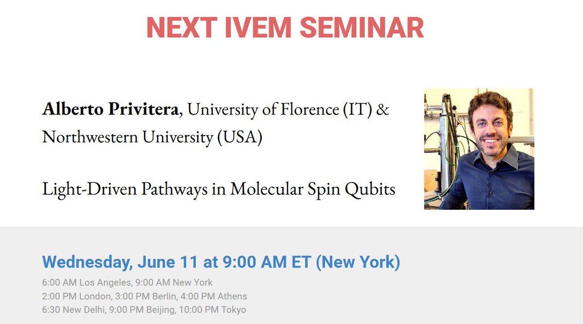 Magnetic Resonance News (@nmr900) on Twitter photo Wednesday, June 11, 9 am EDT / 3 pm CEST, IVEM webinar <a href="/IVEM_meeting/">IVEM_meeting</a> Alberto Privitera, University of Florence (Italy) & Northwestern University (USA) sites.google.com/unifi.it/alber⦠Light-Driven Pathways in Molecular Spin Qubits eprseminars.org #NMRchat #NMR #EPR #ESR š§² Wednesday, June 11, 9 am EDT / 3 pm CEST, IVEM webinar <a href="/IVEM_meeting/">IVEM_meeting</a> Alberto Privitera, University of Florence (Italy) & Northwestern University (USA) sites.google.com/unifi.it/alber⦠Light-Driven Pathways in Molecular Spin Qubits eprseminars.org #NMRchat #NMR #EPR #ESR š§²