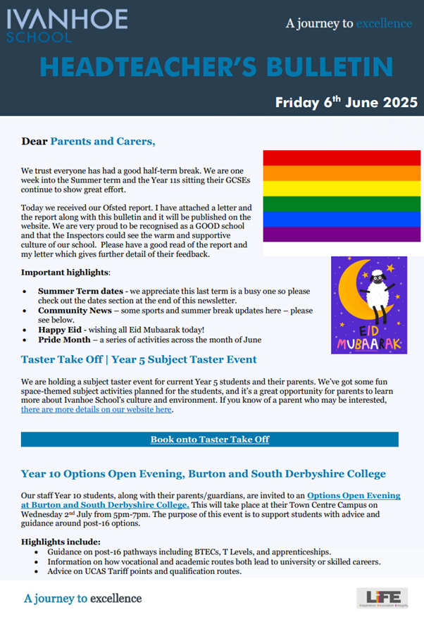 HEADTEACHERS BULLETIN 

We're very excited to share our Ofsted report with you.
We also know this last term is a busy one so please check out this bulletins and make a note of any activity dates for your child:
Read all here: ivanhoe.co.uk/user_uploads/f…