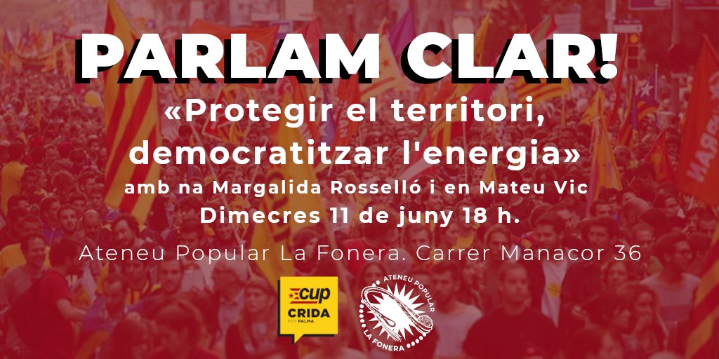 T'interessa la protecció del territori i la sobirania energètica? En parlarem a la tertúlia de dimecres dia 11 a l'<a href="/AteneuLaFonera/">Ateneu Popular La Fonera</a>. 

Comptarem com a convidades de luxe amb na Margalida Rosselló i en Mateu Vic!

#ParlamClar