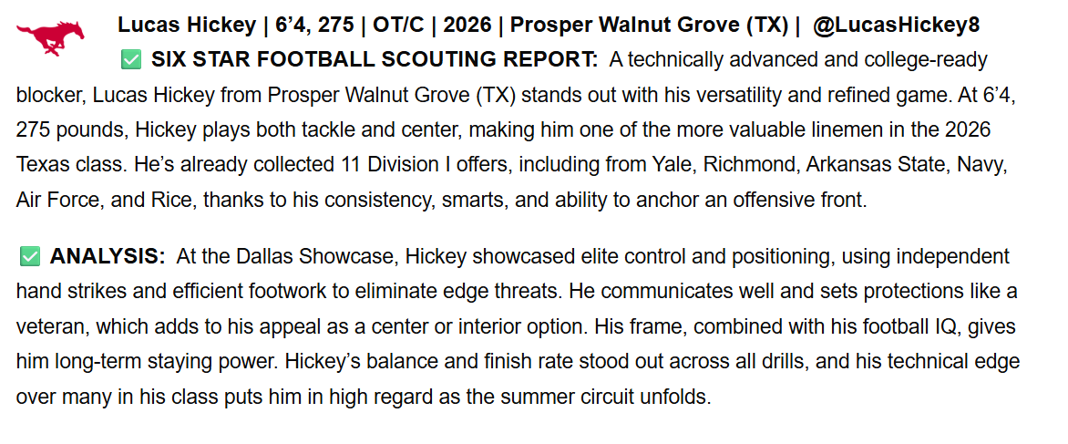 Thank you <a href="/sixstarfootball/">Six Star Football | PLUS+</a> for the write up

<a href="/WGHSFootball/">Walnut Grove Football</a> <a href="/coach_meger/">Carson Meger</a>  <a href="/RECRUITTHEGROVE/">Walnut Grove Wildcats Football Recruiting</a>  <a href="/CoachGill19/">Bo Gill</a> <a href="/RiceFootball/">Rice Football</a> <a href="/coachskene3/">Brett Skene</a> <a href="/CoachLobotzke/">Steed Lobotzke</a> <a href="/SMUFB/">SMU Football</a> <a href="/SFA_Football/">Lumberjack Football</a> <a href="/coachjtaylorjr/">Jerry Taylor Jr.</a> <a href="/ChrisBergeski/">Chris Bergeski</a> <a href="/CoachDLett/">Derrick Lett</a> <a href="/NavyCoachYo/">Mick Yokitis</a> <a href="/_CoachMunch/">Vince Munch</a>