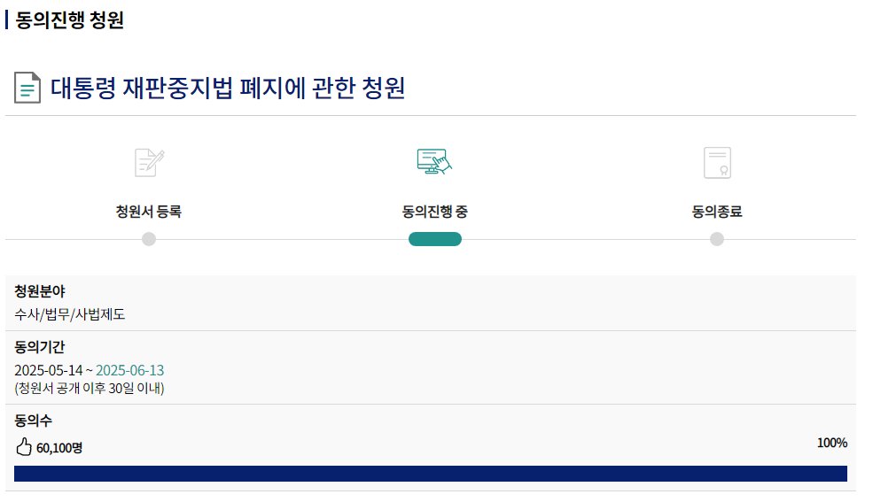 이거 내용은 조금 아쉽지만 동의 좀 많이 해주세요 100% 채우긴 했지만 최대한 많은 인원이 하면 좋습니다. 

petitions.assembly.go.kr/proceed/onGoin…