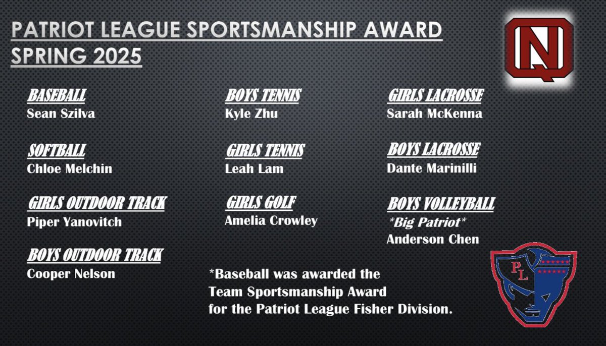 Congratulations to the Sportsmanship Award winners from North Quincy for the 2025 Spring season!
