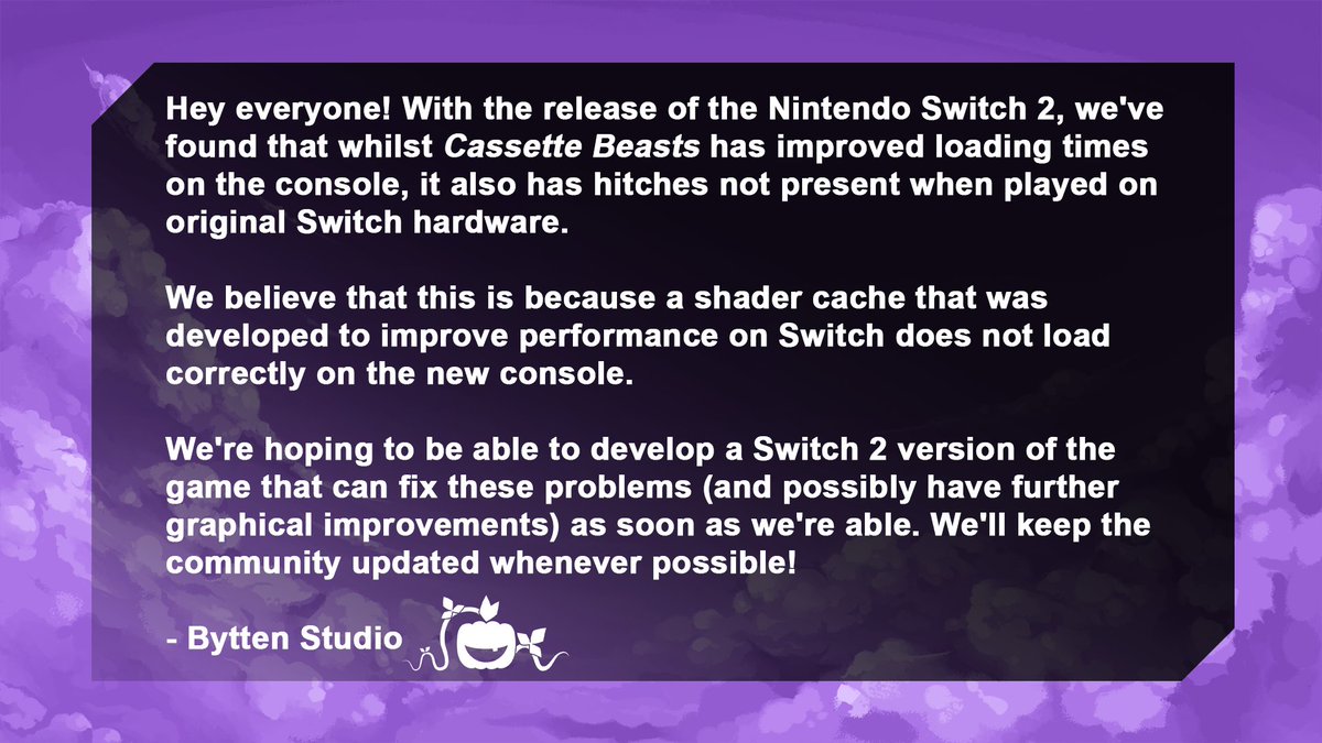 An update regarding Cassette Beasts on the Nintendo Switch 2 (text version below):